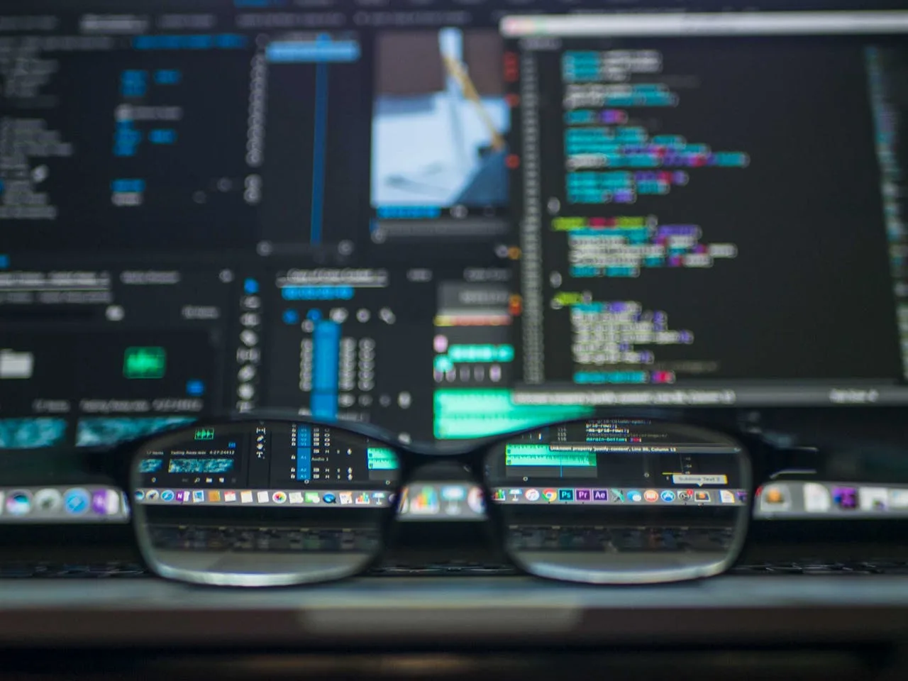journey-02 Eyeglasses reflecting computer code on a monitor, ideal for technology and programming themes.